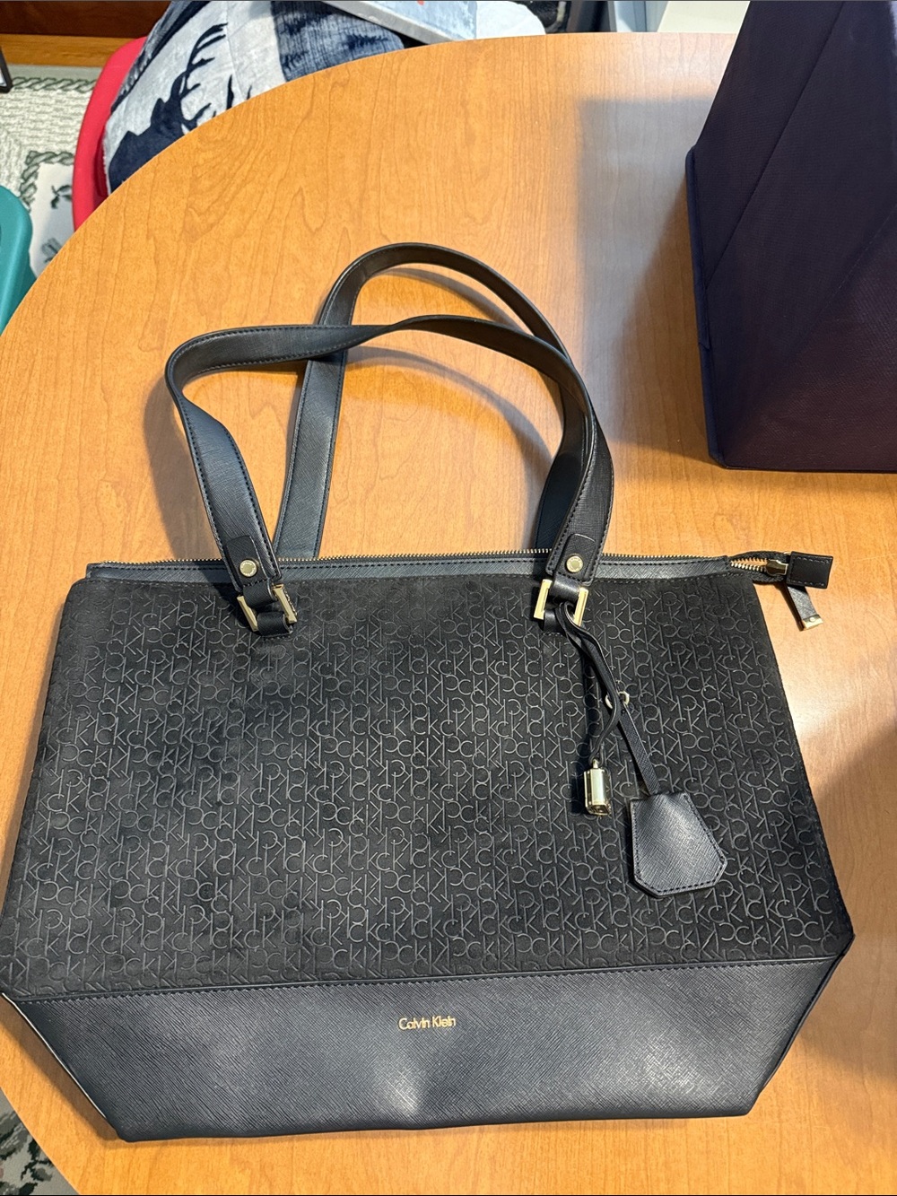 Calvin Klein Black Monogram Tote with Gold Accents